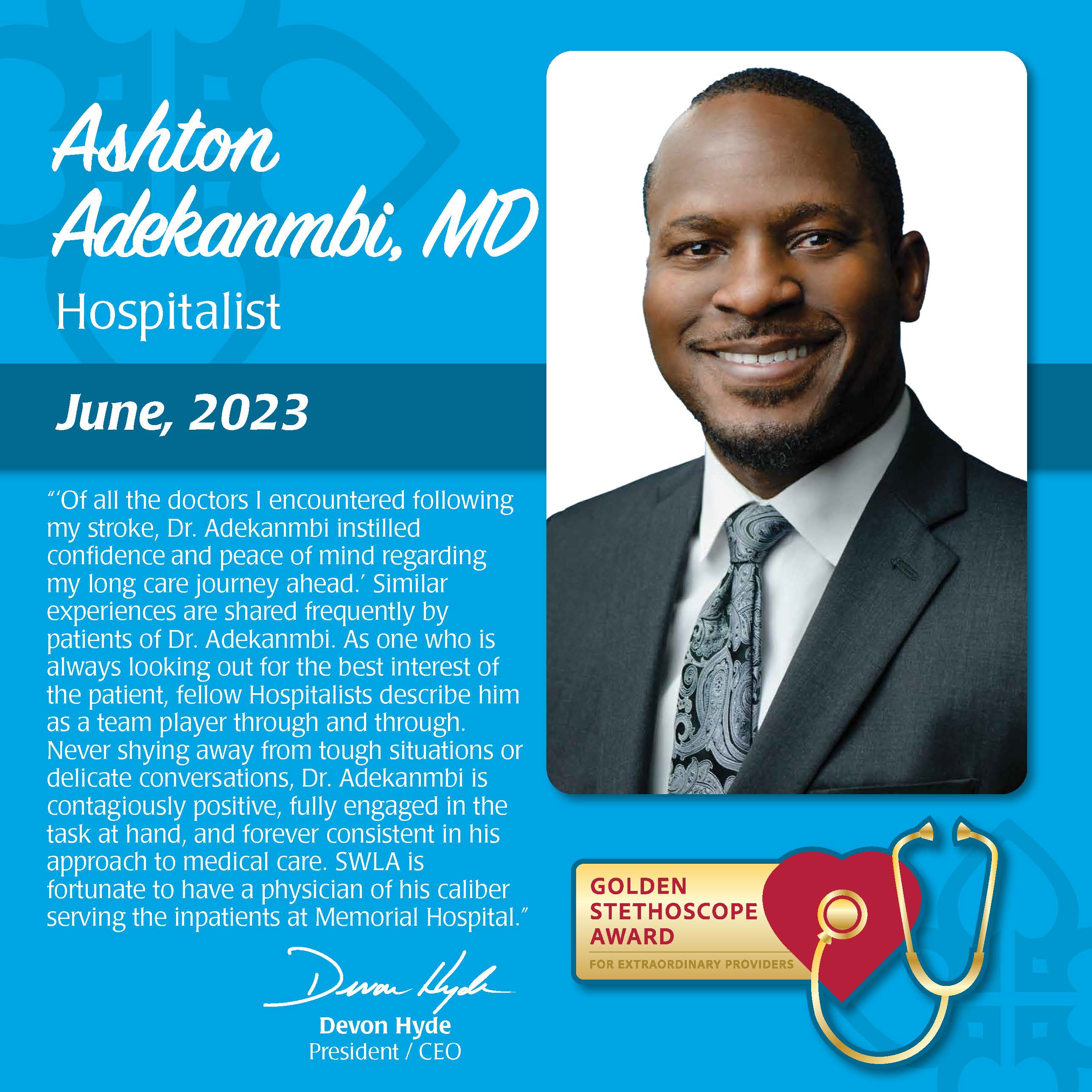 Ashton Adekanmbi, MD Award Plaque June 2023 Black man physician wearing black suit jacket with black paisley tie