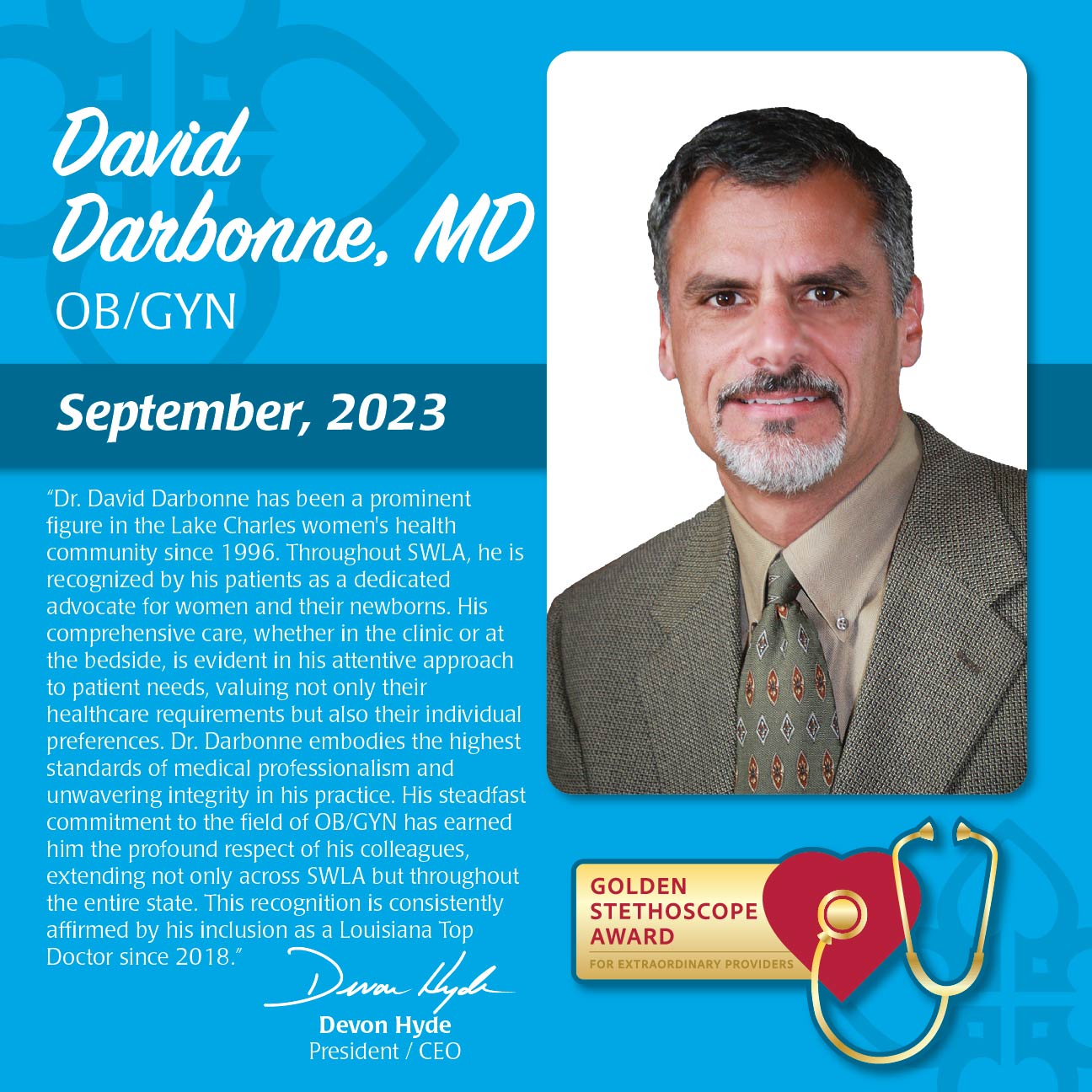 David Darbonne, MD Award Plaque September 2023 headshot of Dr. Darbonne wearing a brown tweed sports coat and olive green tie